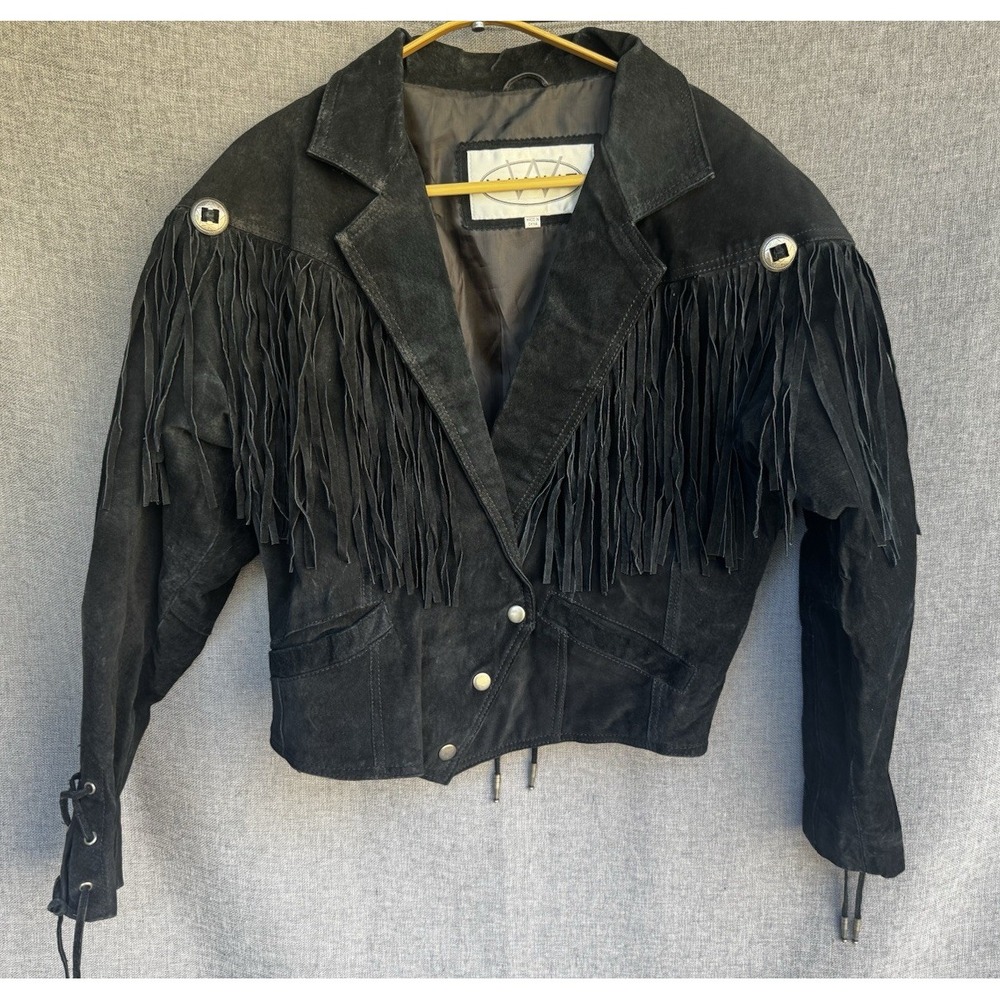 Winlit Jacket Women Small Black Leather Western Cropped Fringe Vintage 90s